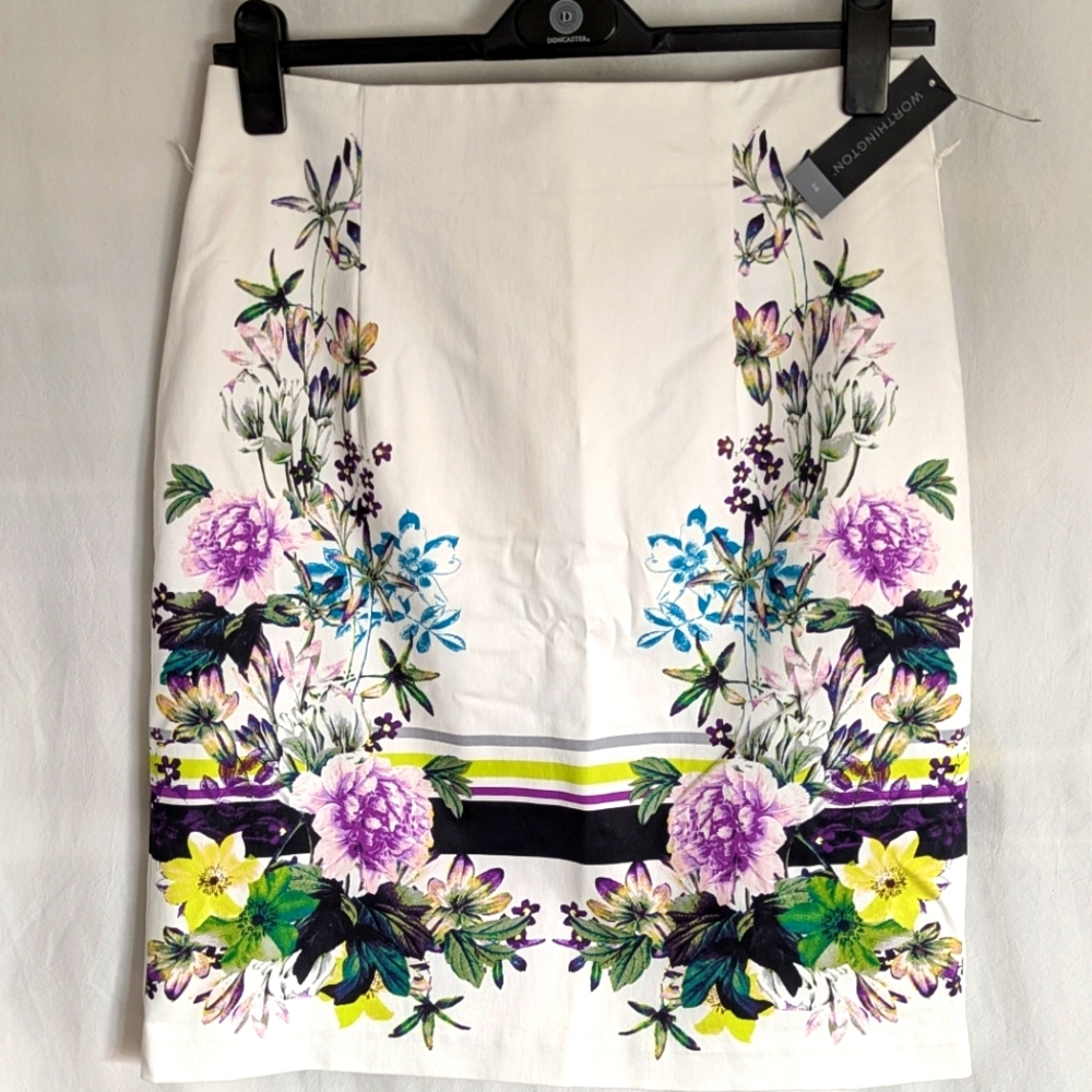 Worthington White Floral Print Skirt NEW Sz 14 Lined Kick Pleat